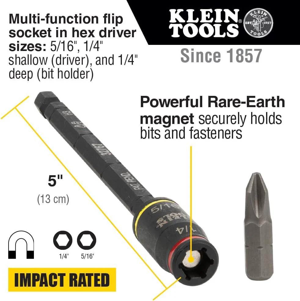 Klein Tools (32767) Impact Driver, SAE 3-in-1 Impact Socket and Bit Holder, Flip Socket with 1/4-Inch and 5/16-Inch Hex Drivers, 5-Inch Length (Pack of 1) - Image 2