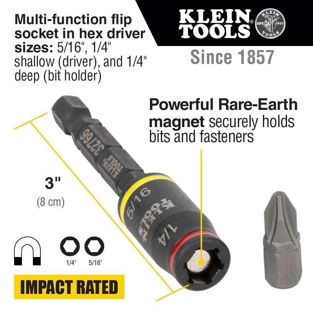 Klein Tools 32768 Impact Driver Set, 3-in-1 SAE Impact Socket and Bit Holder, Flip Socket with 1/4 Nut Driver and 5/16 Nut Driver Hex Sizes, 3 and 5-Inch Lengths, 2-Piece - Image 2
