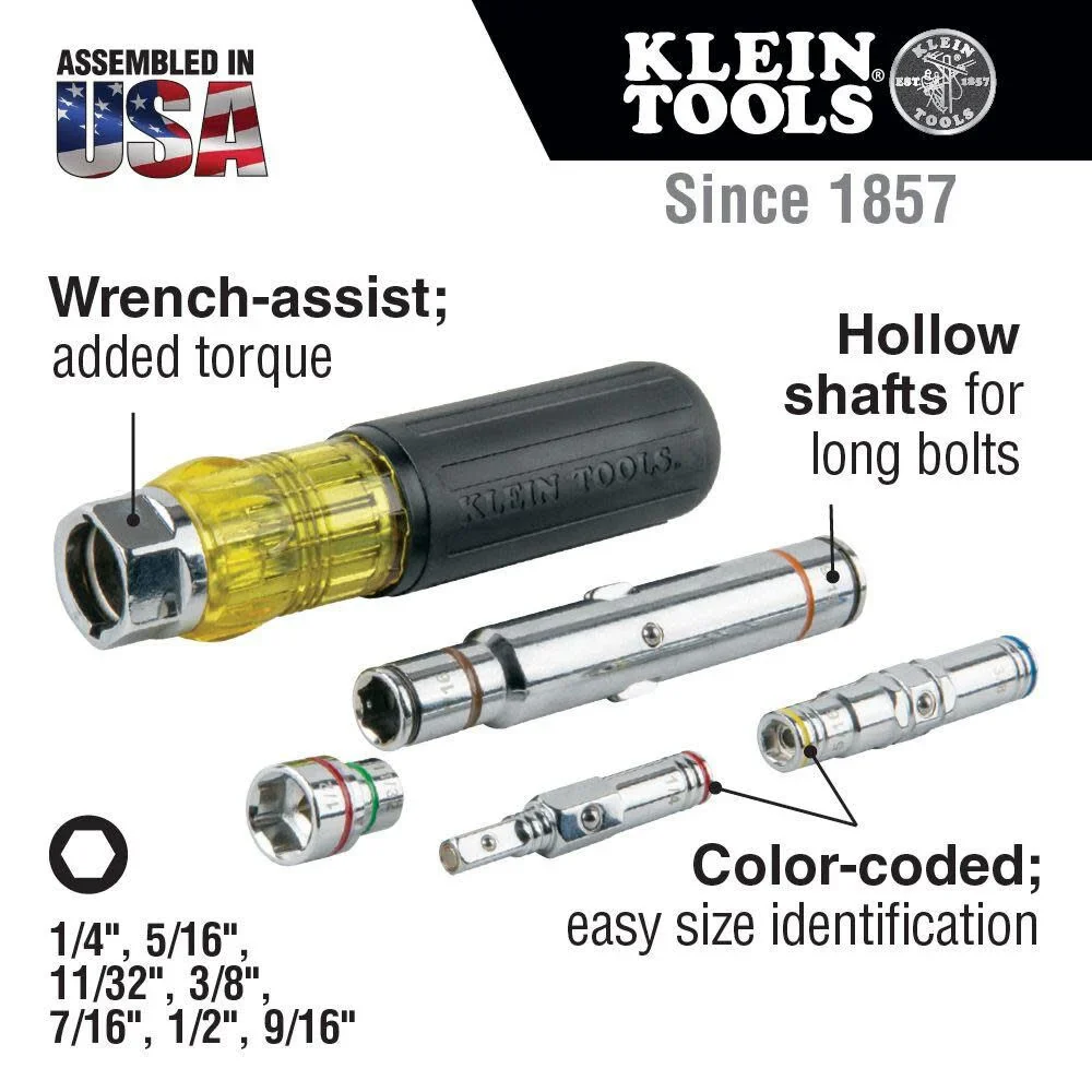 Klein Tools 32807MAG 7-in-1 Nut Driver, Magnetic Driver has SAE Hex Nut Sizes 1/4 to 9/16-Inch, Cushion Grip Handle for Added Torque - Image 2