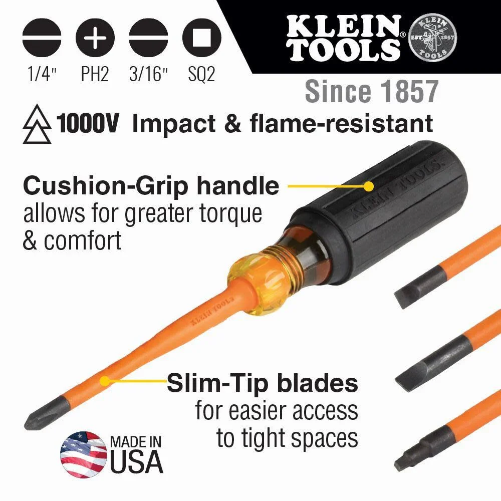 Klein Tools 33734INS 1000V Slim Tip Insulated Screwdriver Set, Phillips, Cabinet, Square Slim-Tip, Cushion Grip Handle, 4-Piece - Image 2