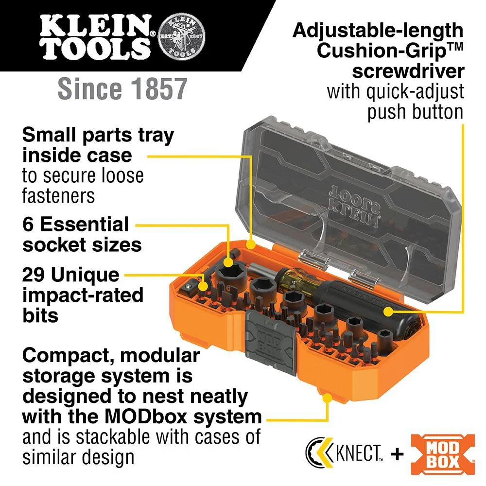 Klein Tools 33805 ProFlex 38-Piece SAE Impact Driver Tool Set with Modular Case, S2 Steel, Magnetic, Adjustable Screwdriver, 29 Bits, 6 SAE Socket Sizes - Image 2