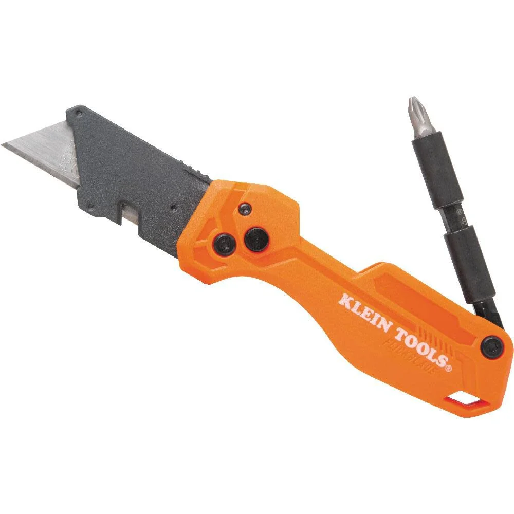 Klein Tools 44304 Folding FLICKBLADE Utility Knife, Compact, Removable Impact Driver, 1/4-Inch Nut Driver and 2 Phillips Bit - Image 3