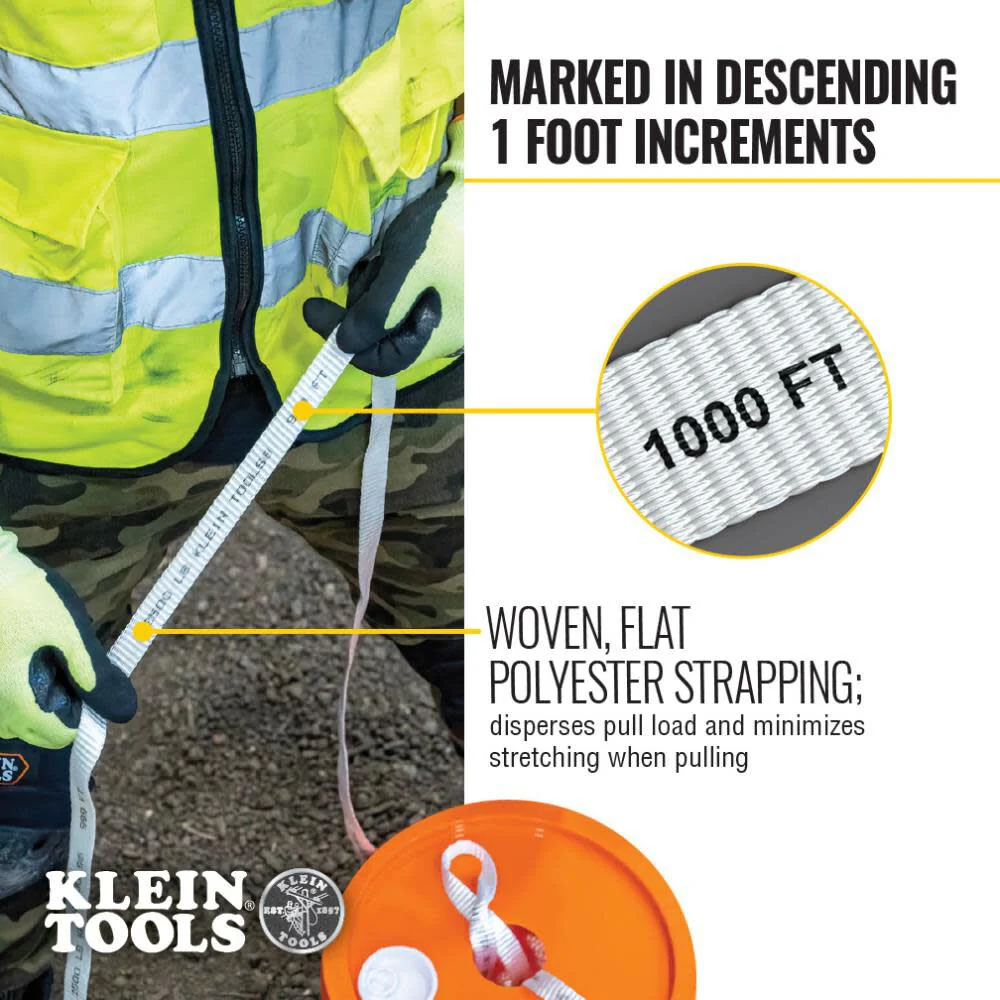 Klein Tools 50122 Conduit Measuring Pull Tape, Mule Tape for Heavy-Duty Cable and Wire Pulling, 1250-Pound x 2000-Foot Long - Image 3
