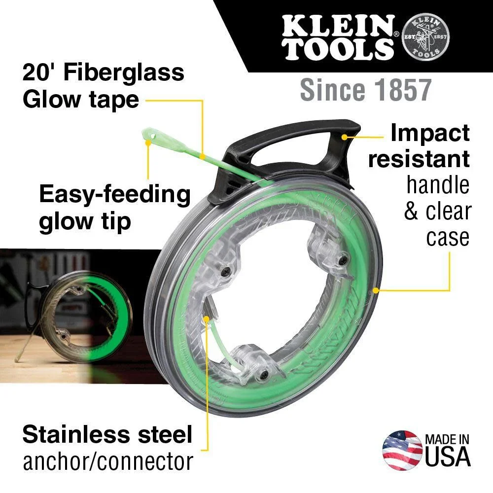 Klein Tools 50550 20-Foot Glow In The Dark Fish Tape, Made in USA, Fiberglass with Nylon Tip and Stainless-Steel Connector for Fish Rod Attachments - Image 2