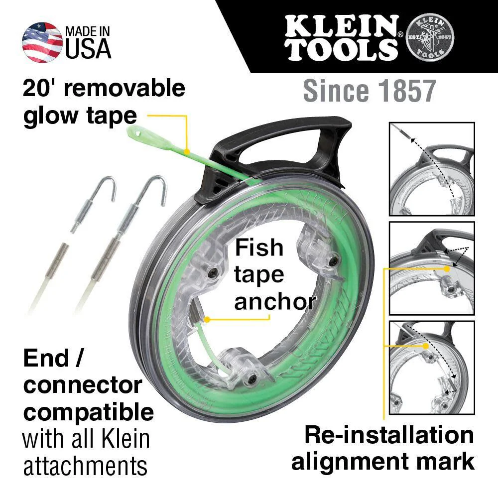 Klein Tools 50550 20-Foot Glow In The Dark Fish Tape, Made in USA, Fiberglass with Nylon Tip and Stainless-Steel Connector for Fish Rod Attachments - Image 3
