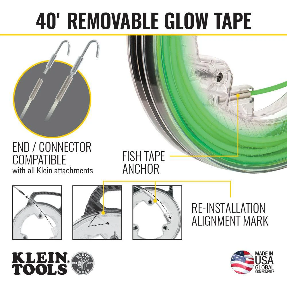 Klein Tools 50660 Glow In The Dark Fish Tape, Fiberglass with Nylon Tip and Stainless-Steel Connector for Fish Rod Attachments, 40-Foot - Image 3