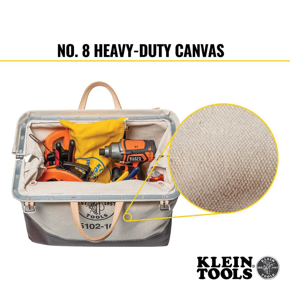 Klein Tools 5102-16 Heavy Duty Natural Canvas Tool Bag, Tool Tote, Multi-Purpose Bag with Wide Hinged Opening and Leather Handles, 16-Inch - Image 4