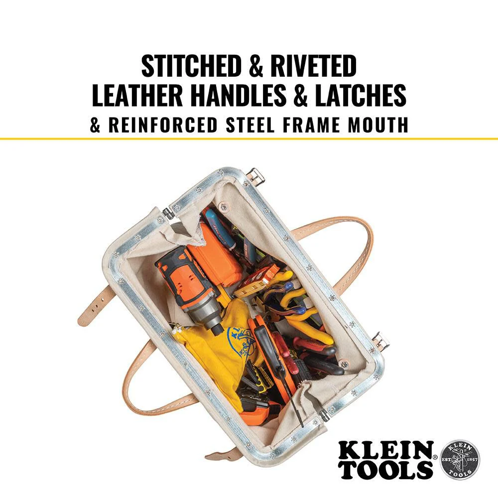 Klein Tools 5102-16 Heavy Duty Natural Canvas Tool Bag, Tool Tote, Multi-Purpose Bag with Wide Hinged Opening and Leather Handles, 16-Inch - Image 5