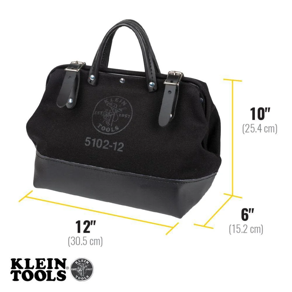 Klein Tools 510212BLK Heavy Duty Black Canvas Tool Bag, Tool Tote, Multi-Purpose Bag with Wide Hinged Opening and Leather Handles, 12-Inch - Image 3