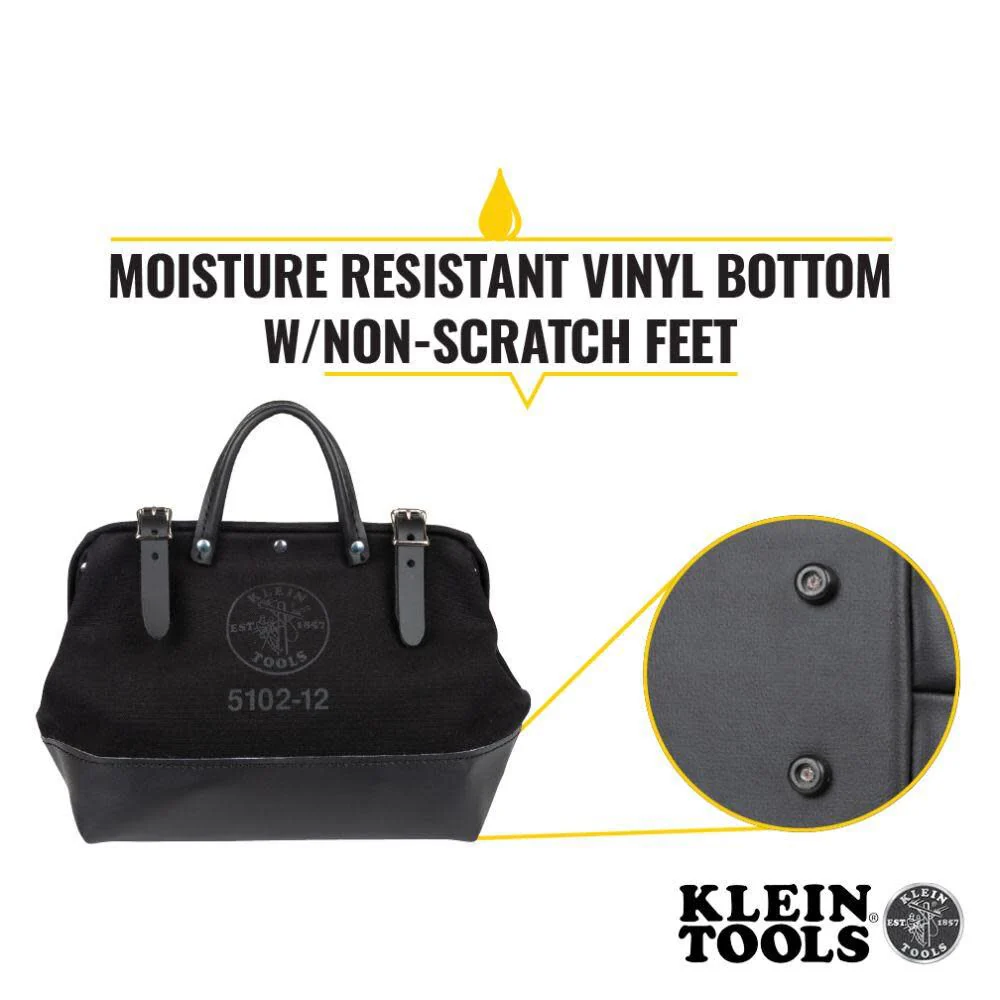 Klein Tools 510212BLK Heavy Duty Black Canvas Tool Bag, Tool Tote, Multi-Purpose Bag with Wide Hinged Opening and Leather Handles, 12-Inch - Image 4