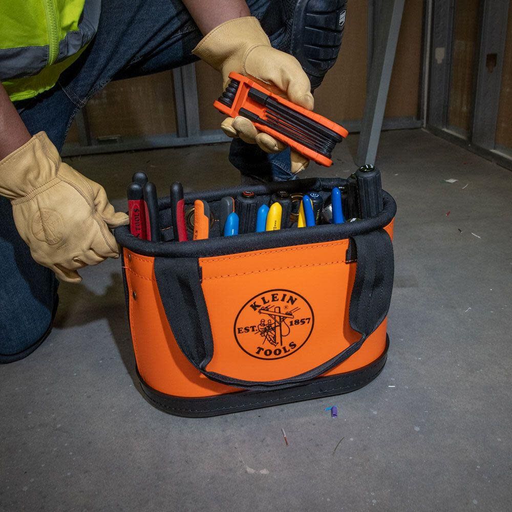 Klein Tools 5144HBS Hard-Body Bucket, Oval Tool Bucket Organizer with Knife Sheath and 14 Other Pockets, Orange/Black - Image 3