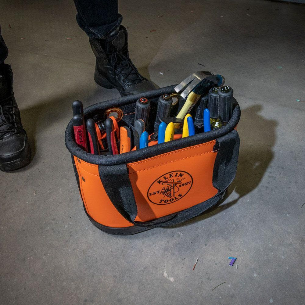 Klein Tools 5144HBS Hard-Body Bucket, Oval Tool Bucket Organizer with Knife Sheath and 14 Other Pockets, Orange/Black - Image 4