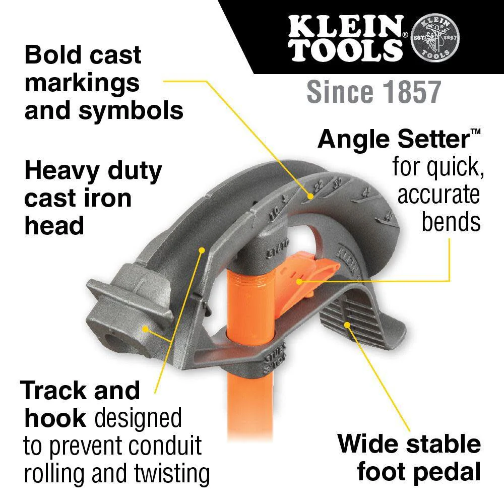 Klein Tools 51604 Iron Conduit Bender Full Assembly, 3/4-Inch EMT and 1/2-Inch Rigid, Wide Foot Pedal, Benchmark Symbols and Angle Setter - Image 2