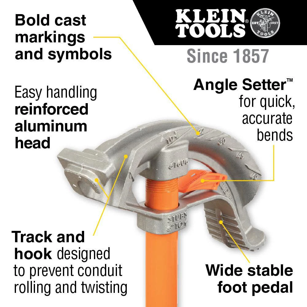 Klein Tools 51606 Aluminum Conduit Bender Full Assembly, 1/2-Inch EMT, Wide Food Pedal, Benchmark Symbols and Angle Setter - Image 2