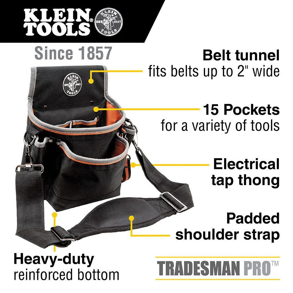 Klein Tools 5243 Tradesman Pro Tool Pouch with Padded Shoulder Strap, Reinforced Bottoms and Electrical Tape Thong, 15-Pocket - Image 2