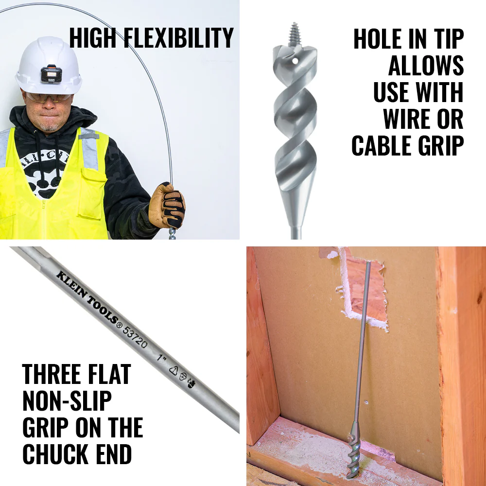 Klein Tools 53720 Flex Bit Auger with Screw Point, 1-Inch x 54-Inch Long Flexible Drill Bit / Fish Bit for Pulling Wire Behind Walls - Image 3