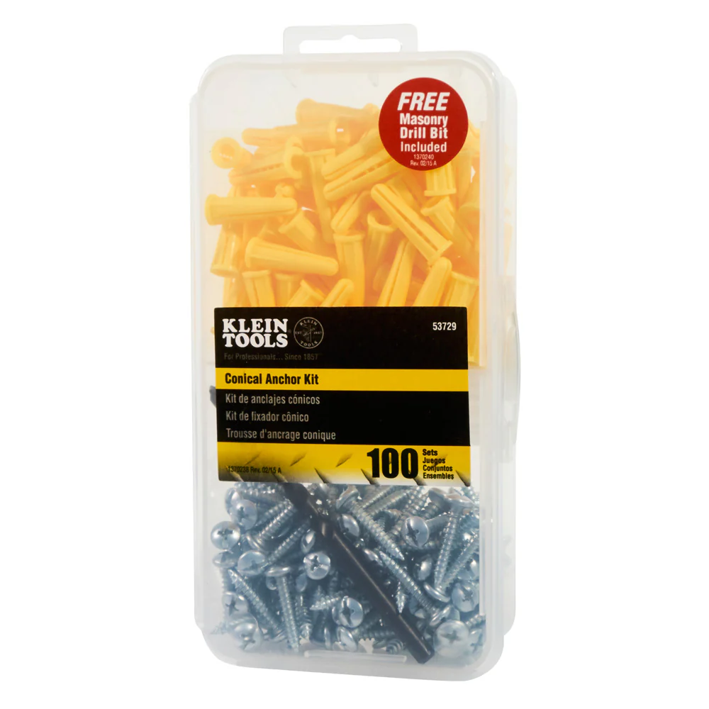 Klein Tools 53729 Conical Anchor Kit, 100 Anchors, 100 #2 Phillips, 1/4 Inch Masonry Drill Bit, Drywall and Masonry - Image 3