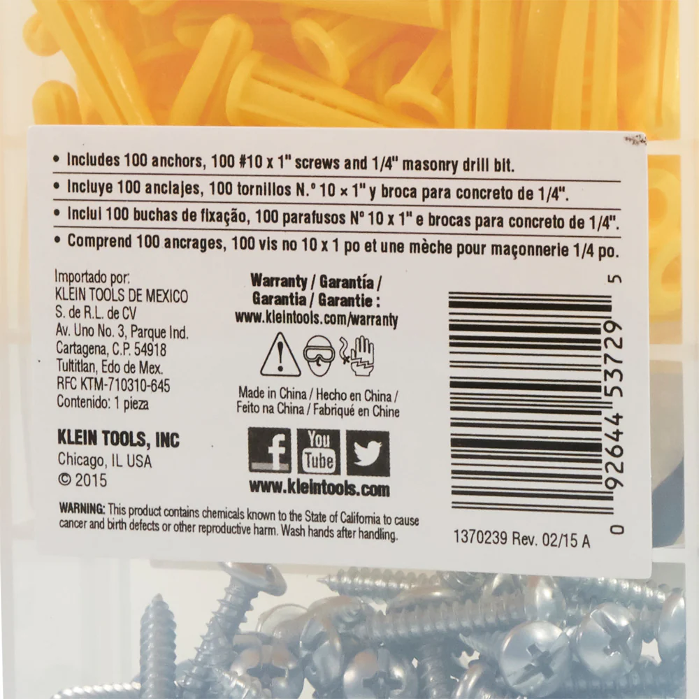 Klein Tools 53729 Conical Anchor Kit, 100 Anchors, 100 #2 Phillips, 1/4 Inch Masonry Drill Bit, Drywall and Masonry - Image 5