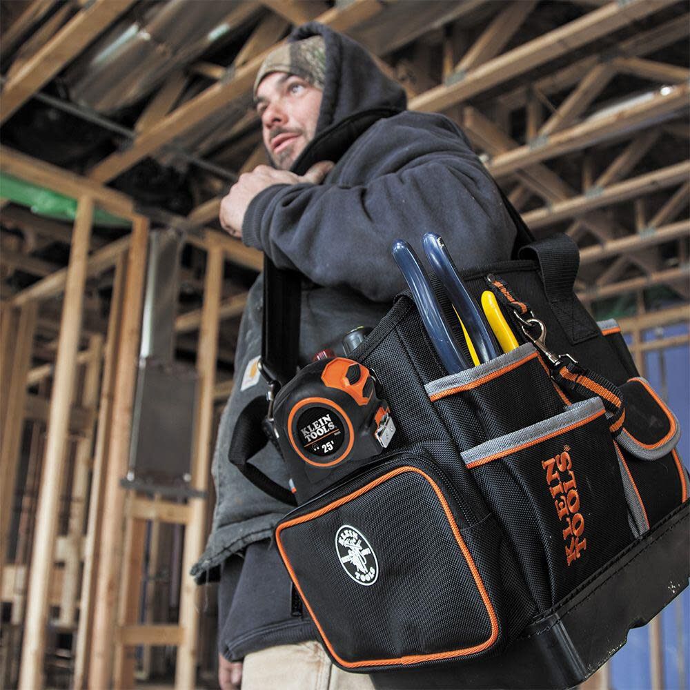 Klein Tools 5541610-14 Tool Bag with Shoulder Strap Has 40 Pockets for Tool Storage and Orange Interior - Image 6