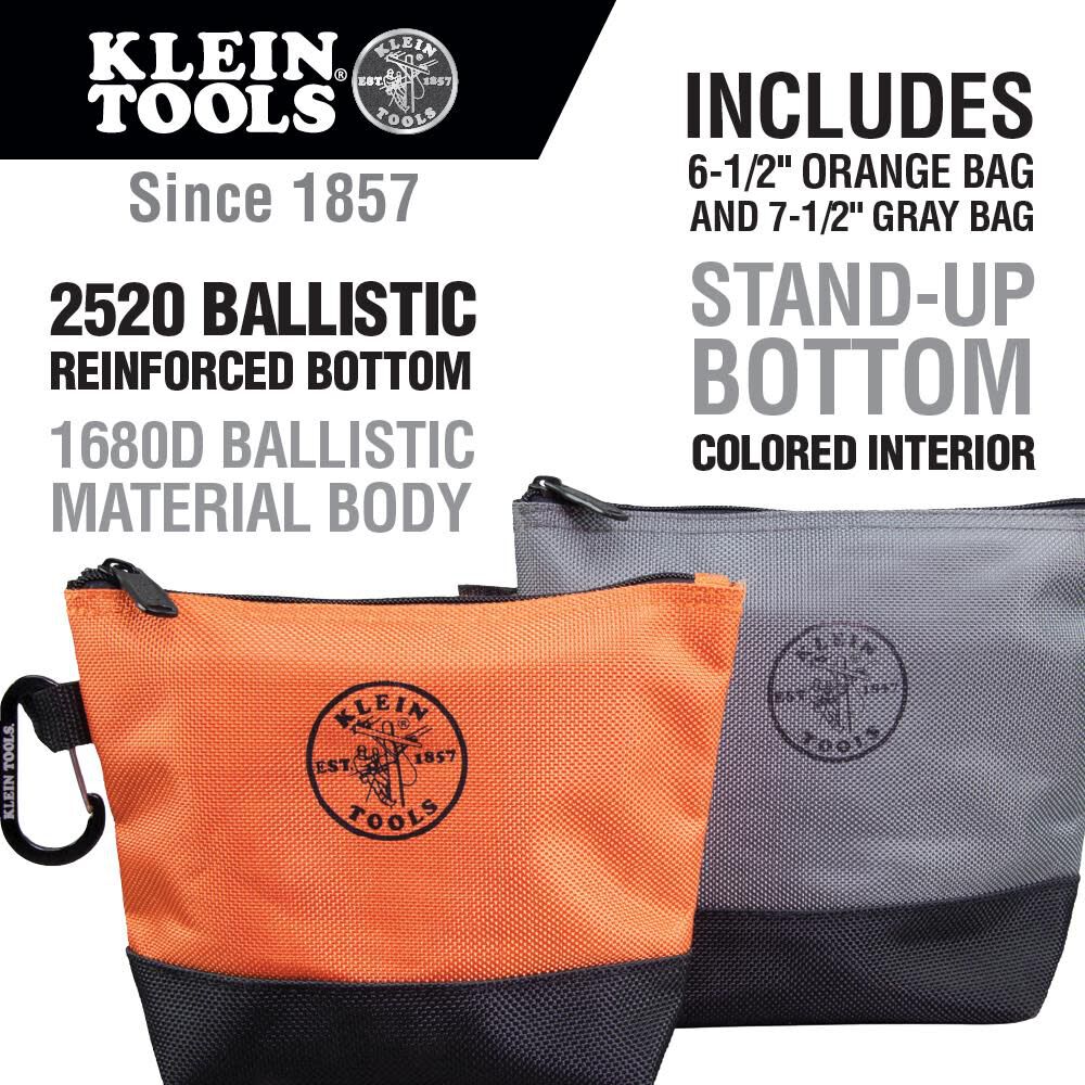 Klein Tools 55470 Utility Bag, Stand-Up Zipper Tool Bags, Tough 1680d Ballistic Weave, Reinforced Bottoms, Orange/Black, Gray/Black, 2-Pack - Image 2