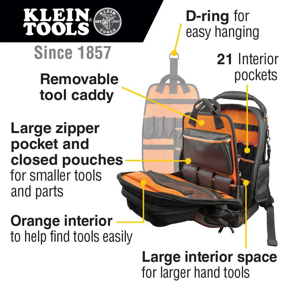 Klein Tools 55485 Tool Bag Backpack, Durable Electrician Backpack with 48 Pockets for Hand Tools, Waterproof Bottom, Removable Tool Carrier - Image 2