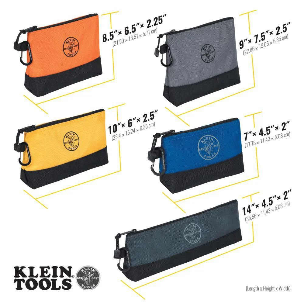 Klein Tools 55569 Stand-Up Zipper Bag Tool Pouch with Carabiners, Reinforced Gusseted Bottoms, Water Resistant 1680d, Multi-Size 5-Pack - Image 3