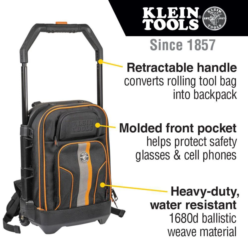 Klein Tools 55604 Rolling Tool Backpack, Tool Bag with 28 Pockets, Heavy Duty Retractable Handle, Large Tool Storage Interior, 3-Inch Wheels - Image 2