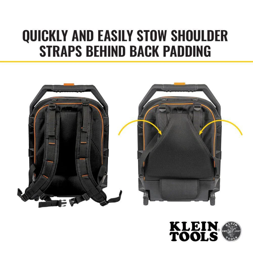 Klein Tools 55604 Rolling Tool Backpack, Tool Bag with 28 Pockets, Heavy Duty Retractable Handle, Large Tool Storage Interior, 3-Inch Wheels - Image 3