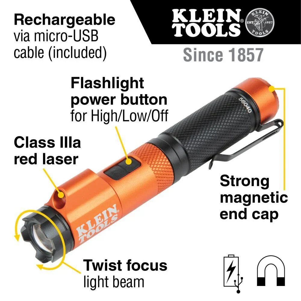 Klein Tools 56040 Magnetic LED Flashlight, 350 Lumen Rechargeable Flashlight, Twist Focus, Laser Pointer, Hands-Free, USB Charging Cable, for Work and Outdoor - Image 2