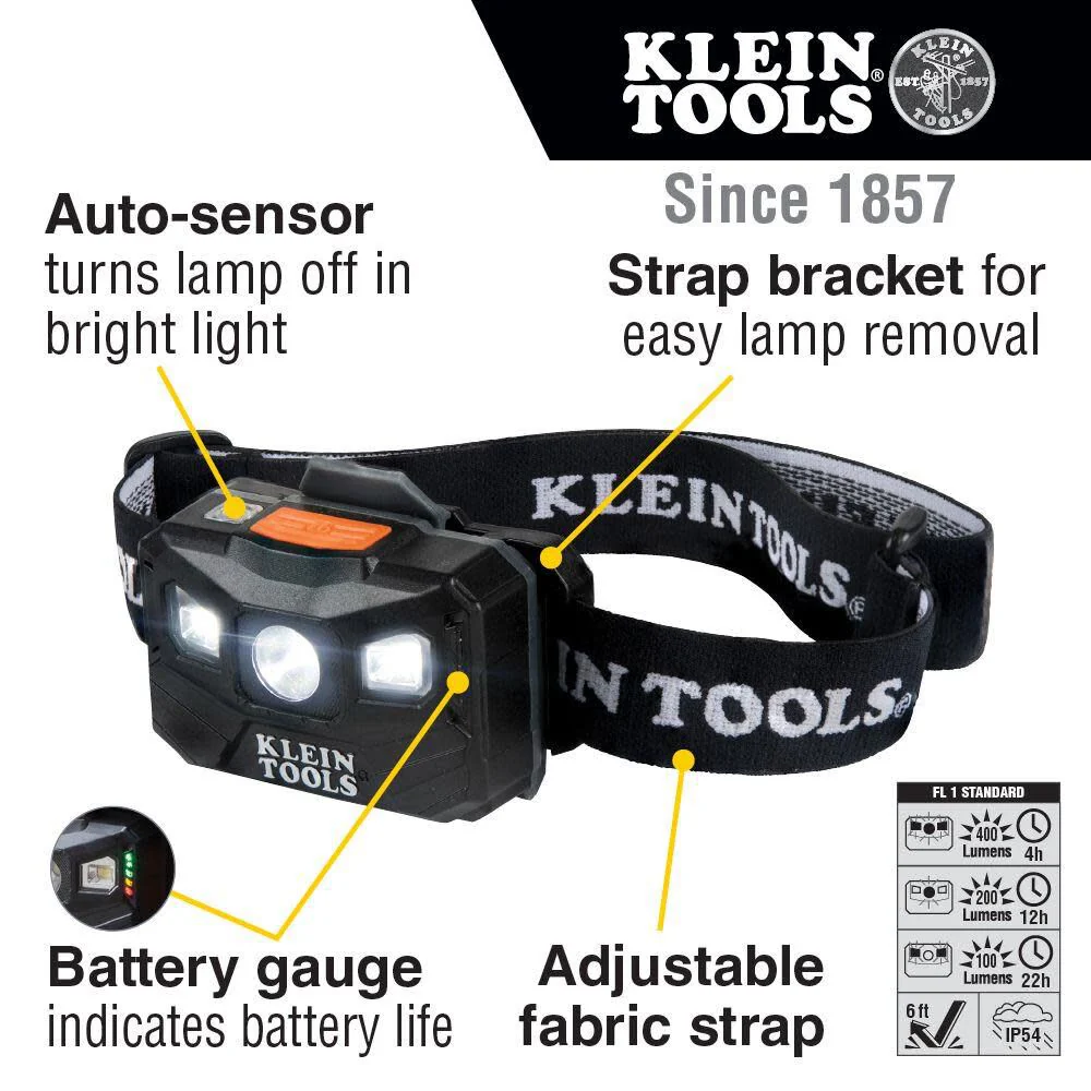 Klein Tools 56048 Rechargeable Auto-Off LED Headlamp, Adjustable Fabric Strap, 400 lms, All-Day Runtime, for Work, Running, Outdoor Hiking - Image 2