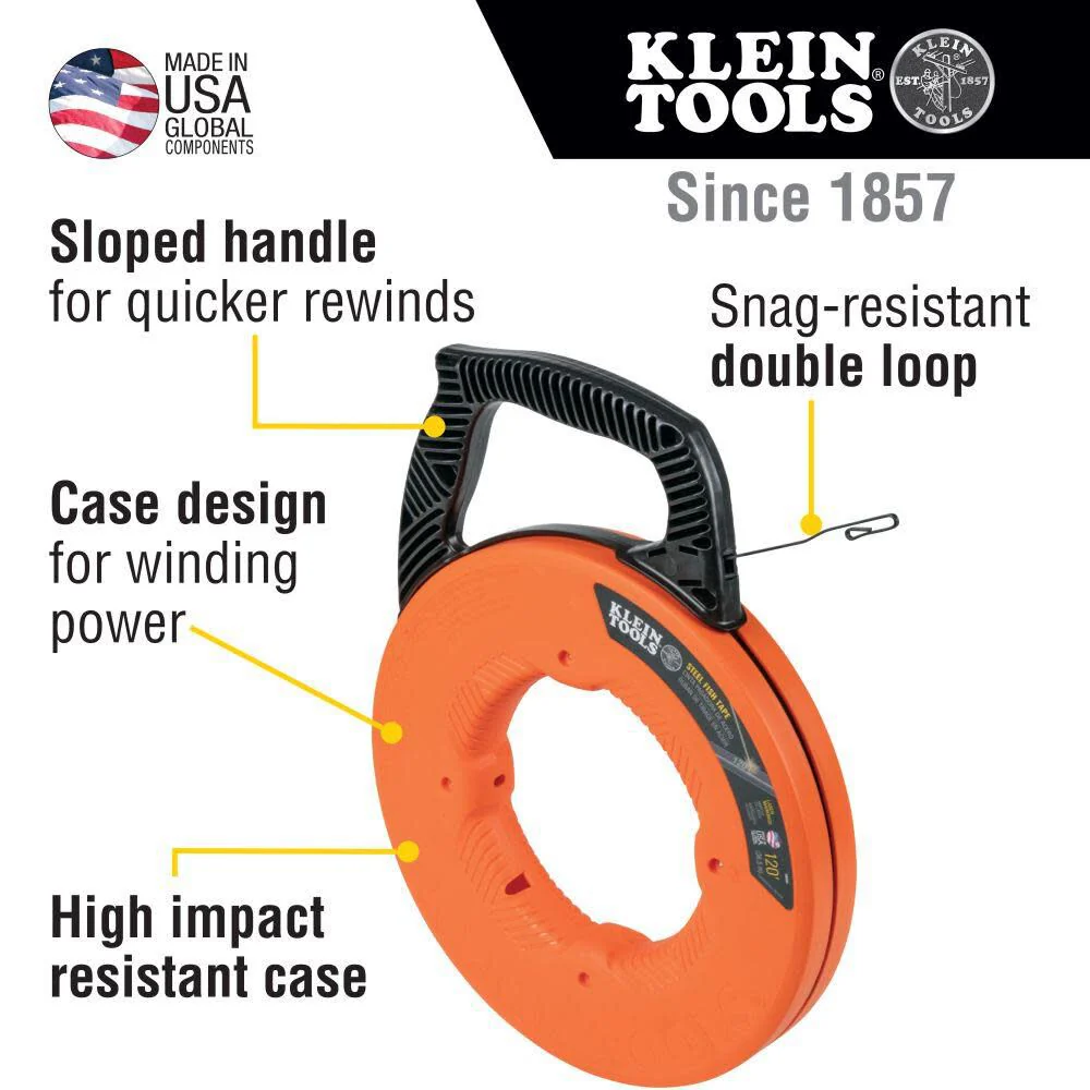 Klein Tools 56333 Electrical Fish Tape, Steel Wire Puller with Double Loop Tip, Optimized Housing and Handle, 1/8-Inch x 120-Foot - Image 2
