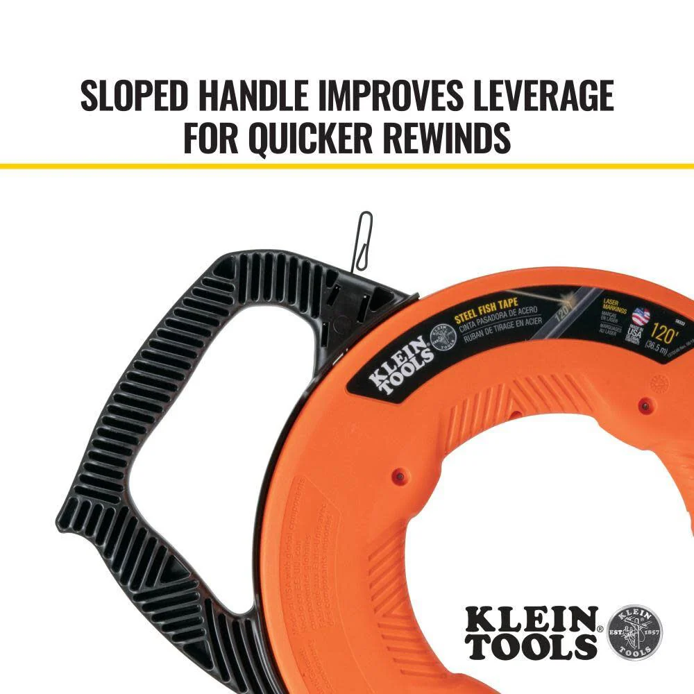 Klein Tools 56333 Electrical Fish Tape, Steel Wire Puller with Double Loop Tip, Optimized Housing and Handle, 1/8-Inch x 120-Foot - Image 5