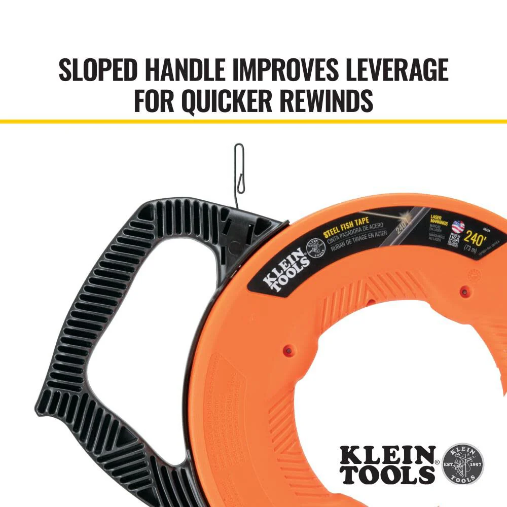 Klein Tools 56334 Electrical Fish Tape, 240-Foot Steel Wire Puller with Double Loop Tip, Optimized Housing and Handle, For Heavy Duty Wire Pulls - Image 5