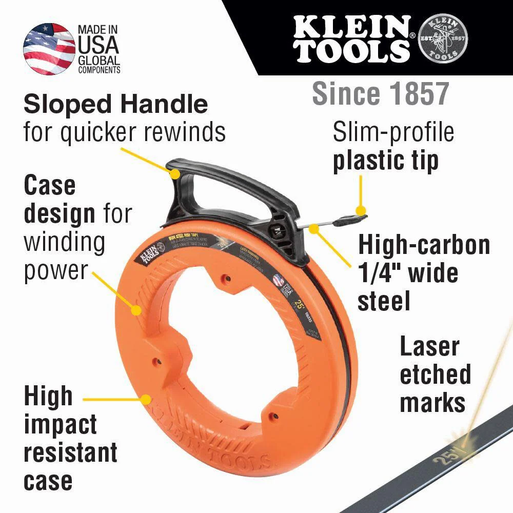 Klein Tools 56335 Flat Steel Electrical Fish Tape, 25-Foot 1/4-Inch Wide Spring Steel Tape, Slim Plastic Tip, Laser Etched 1-Foot Markings - Image 2