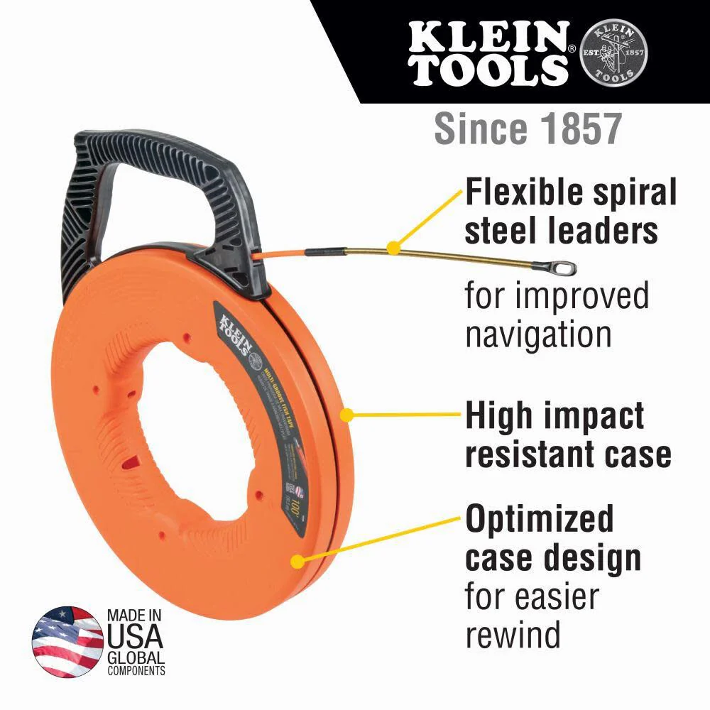 Klein Tools 56380 Non-Conductive Electrical Fish Tape, Multi-Groove Fiberglass Wire Puller with Steel Leader, 100-Foot x 3/16-Inch - Image 2