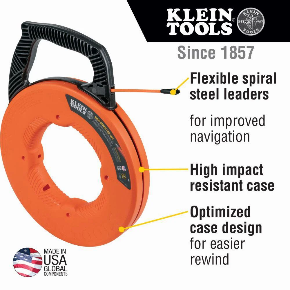 Klein Tools 56382 Non-Conductive Electrical Fish Tape, Multi-Groove Fiberglass Wire Puller, Optimized Housing and Handle, 50-Foot x 3/16-Inch - Image 2