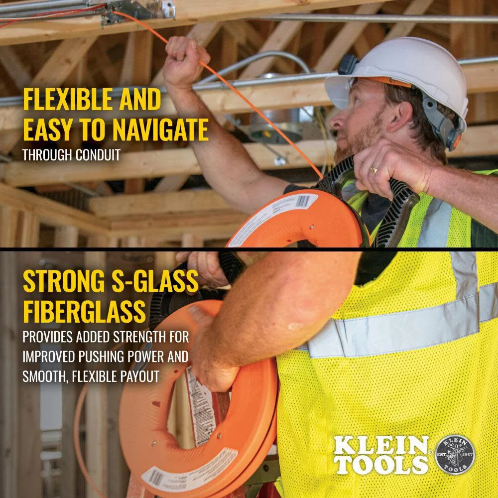 Klein Tools 56382 Non-Conductive Electrical Fish Tape, Multi-Groove Fiberglass Wire Puller, Optimized Housing and Handle, 50-Foot x 3/16-Inch - Image 6