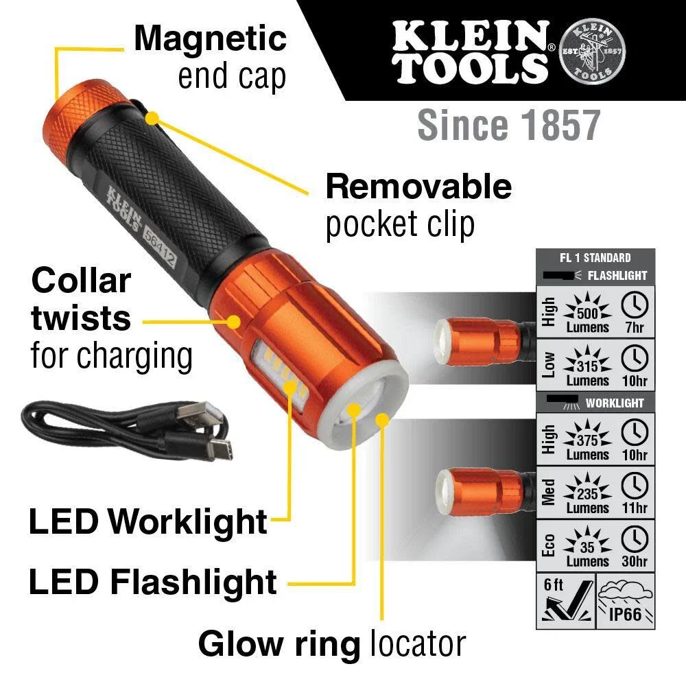 Klein Tools 56412 Rechargeable LED Flashlight with Worklight, 500 Lumens, USB Charging Cable, Pocket Clip, Battery Life Indicator, Magnetic - Image 2