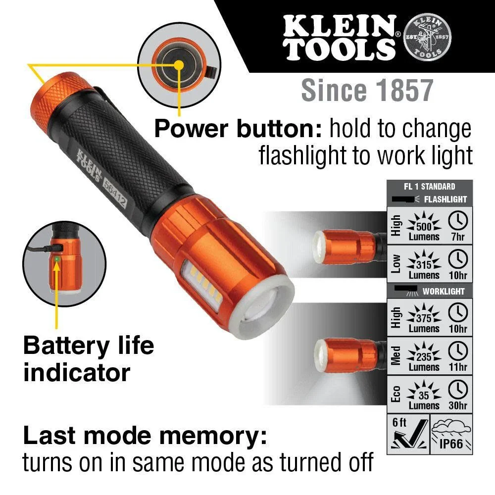 Klein Tools 56412 Rechargeable LED Flashlight with Worklight, 500 Lumens, USB Charging Cable, Pocket Clip, Battery Life Indicator, Magnetic - Image 3