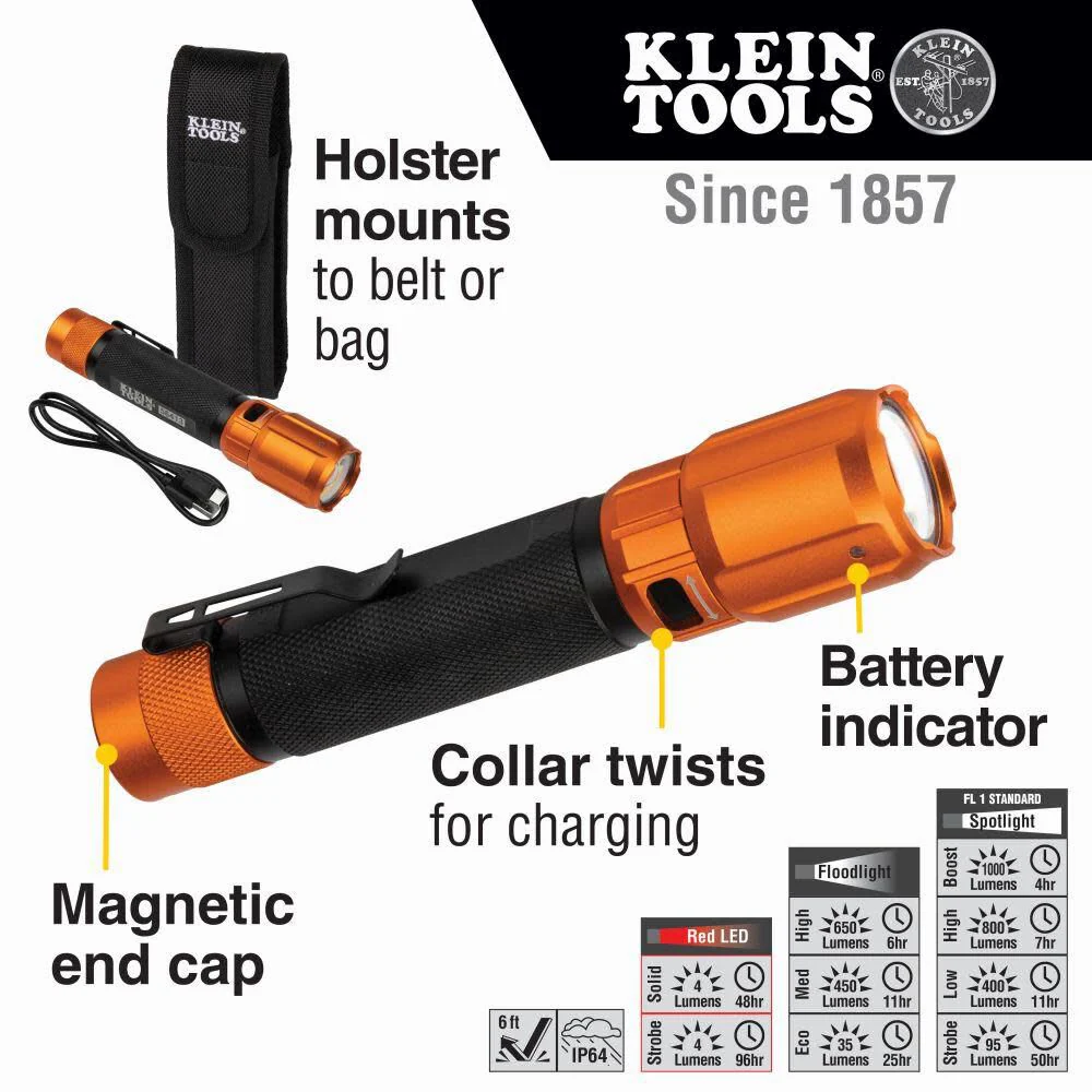 Klein Tools 56413 Rechargeable 2-Color LED Flashlight, Holster, Spotlight, Floodlight, Red LED, 1000 Lumens, USB Cable, Camping, Hunting - Image 2