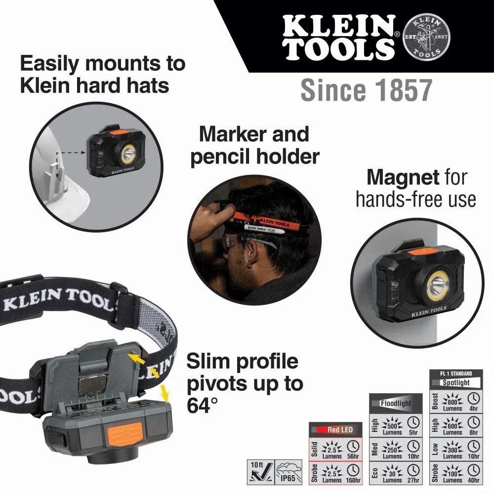 Klein Tools 56414 Rechargeable 2-Color LED Headlamp, Fabric Strap, Spotlight, Floodlight, Red LED, 800 Lumens, USB Cable, Camping, Running - Image 3