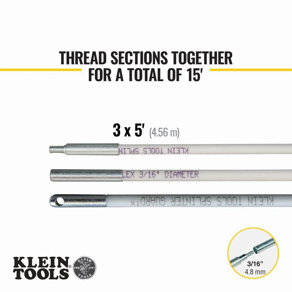 Klein Tools 56415 Mid-Flex Glow Rod Set, Fish Rod with Splinter Guard Coating and Stainless Steel Connectors, Bullet Nose and Hook Attachments, 15-Foot - Image 4