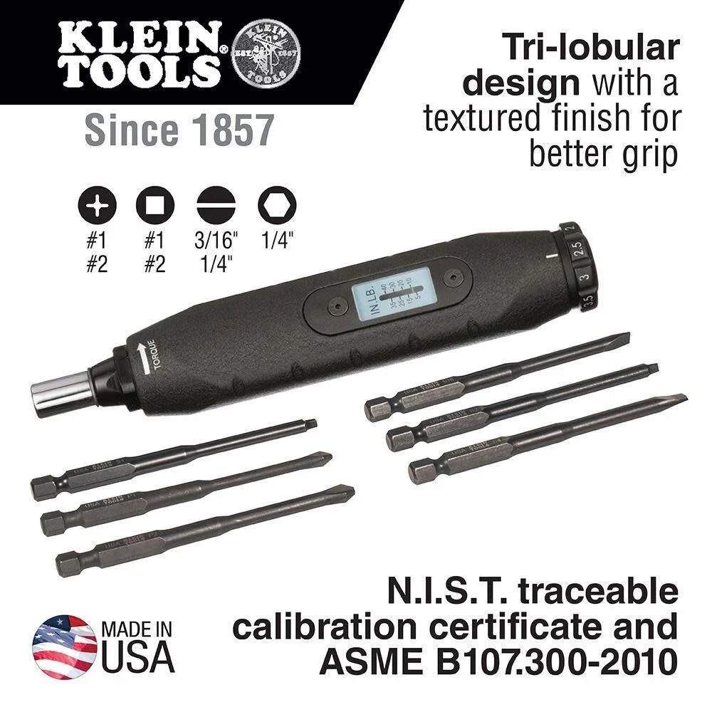 Klein Tools 57032 Screwdriver Set, Made in USA, Torque Screwdriver Kit with Phillips, Slotted, Square Bits, 1/4-Inch Nut Driver, Case Included, 6-Piece - Image 2