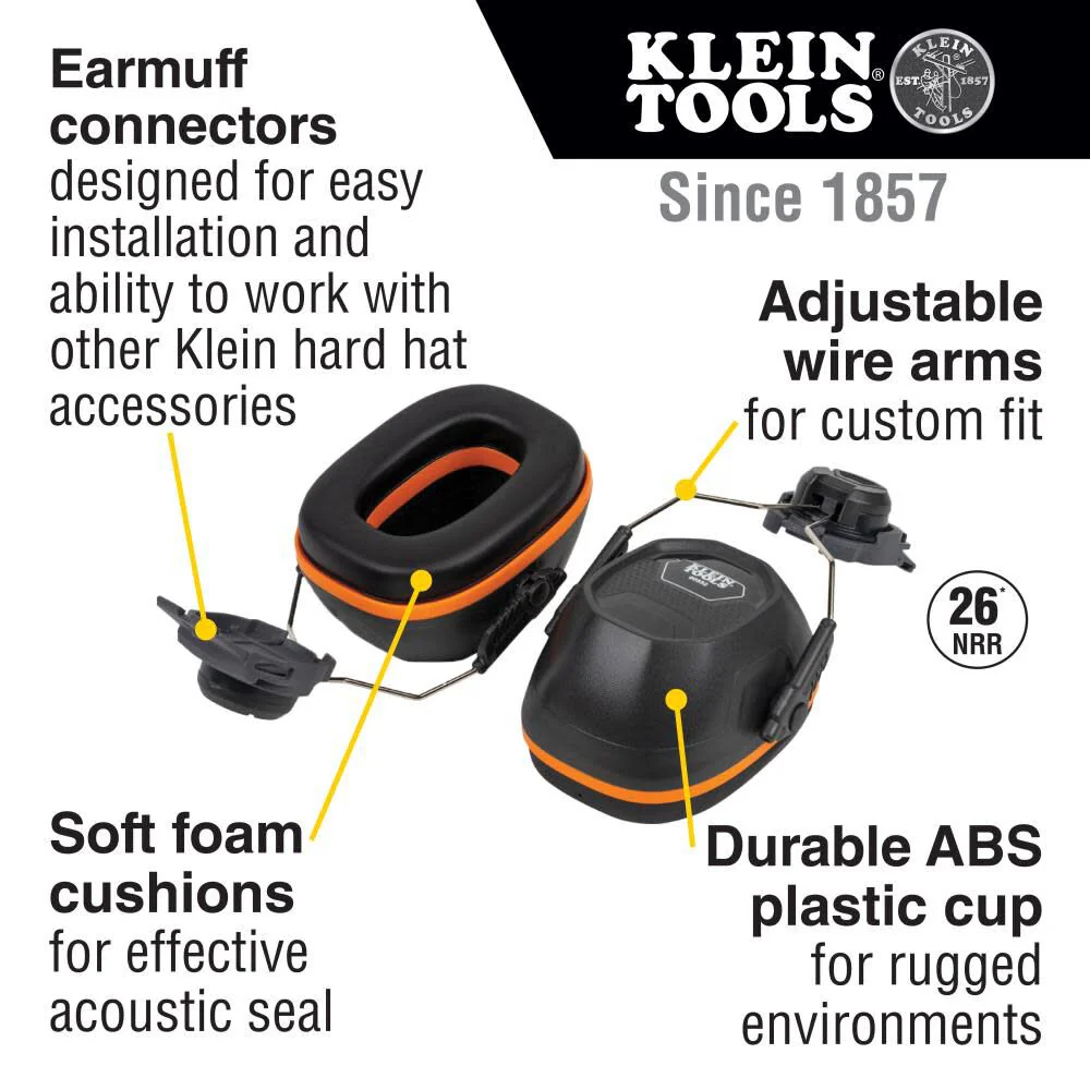 Klein Tools 60502 Earmuffs, Full Brim Hard Hat Attachment, 26dB Noise Protection, for Construction, Manufacturing, Maintenance, Woodworking - Image 2