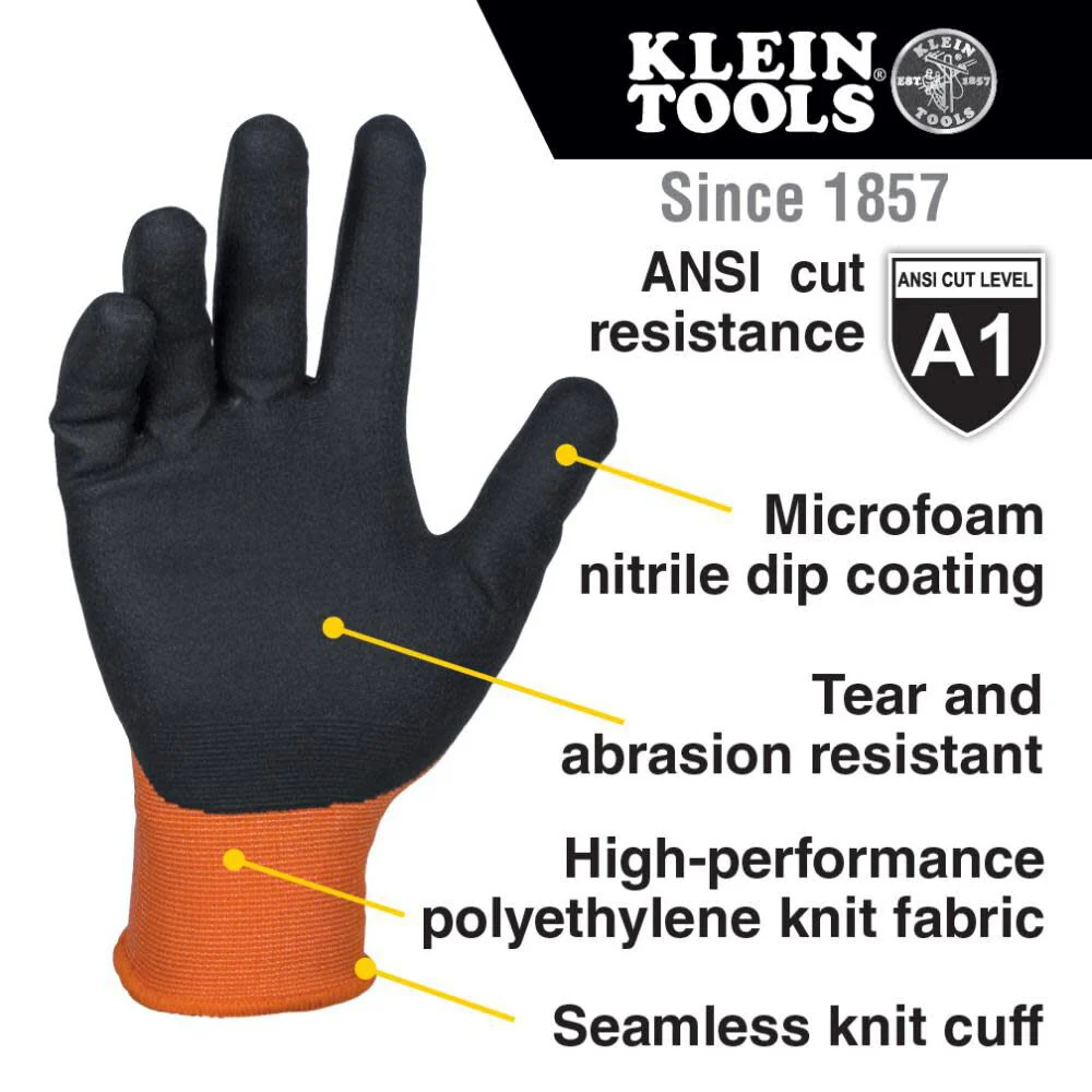 Klein Tools 60580 Work Gloves, Knit Dipped Cut Resistant ANSI A1 Nitrile Coated Gloves, Nylon-Spandex, Touchscreen Capable, Medium, 2-Pair - Image 2