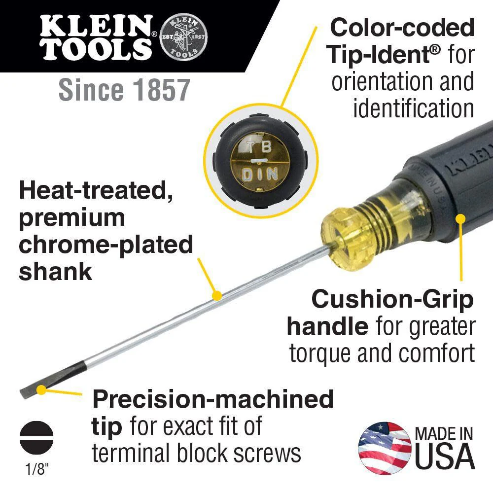 Klein Tools 612-4 Screwdriver, Flat Head Terminal Block Screwdriver, 1/8-Inch Cabinet Tip, 4-Inch Round Shank, TB-DIN (Pack of 2) - Image 2