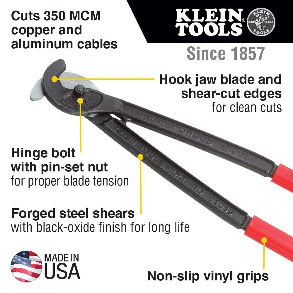 Klein Tools 63035 Cable Cutter, Made in USA, Utility Cable Cutter Cuts MCM Copper and 350 MCM Aluminum Cable, with Shear-Type Hook Jaws, 16-Inch Handles - Image 2