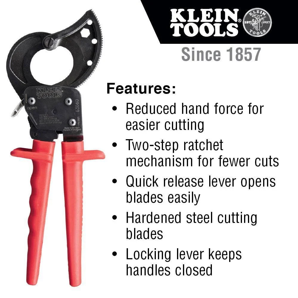 Klein Tools 63060 Cable Cutters, Ratcheting Heavy Duty Cutters for Up to 750 MCM, Great for Cable Preparation - Image 2