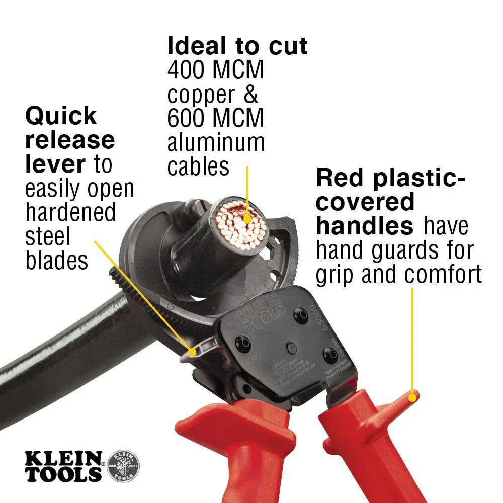 Klein Tools 63060 Cable Cutters, Ratcheting Heavy Duty Cutters for Up to 750 MCM, Great for Cable Preparation - Image 3