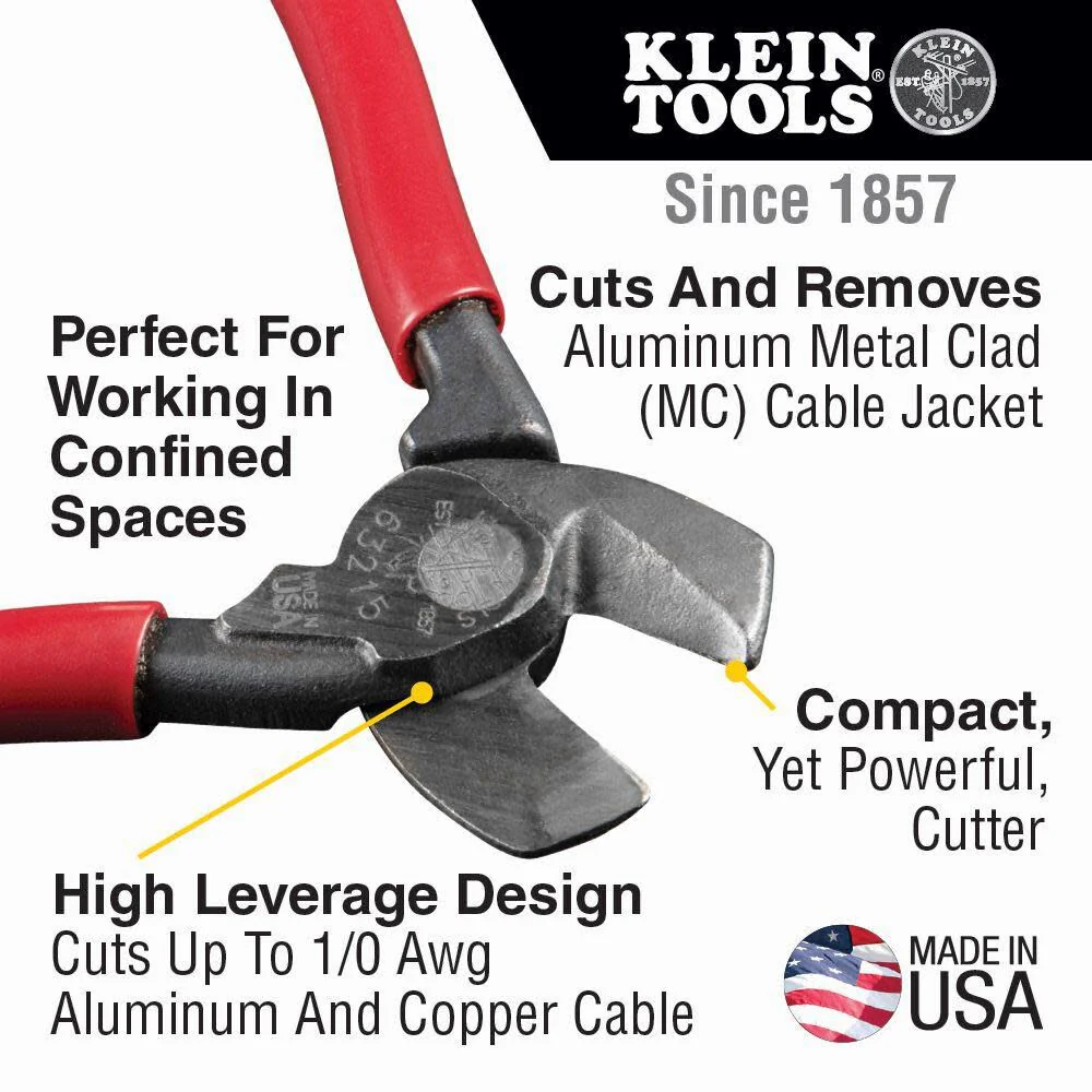 Klein Tools 63215 Cable Cutter, Made in USA, High-Leverage 6.5-Inch Compact, Forged From US Made Steel, Ideal for Cutting Aluminum and Copper Cable - Image 2